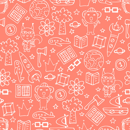 Peach seamless pattern with white doodles, koalas, squirrels, and hedgehogs.のイラスト素材