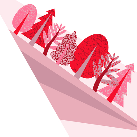Flat pink illustration with the wood and a field.のイラスト素材