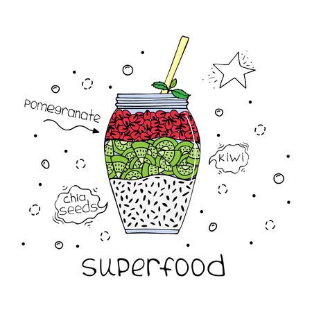 Hand-drawn illustration of superfood of a smoothie with chia seeds, pomegranate and kiwi.のイラスト素材