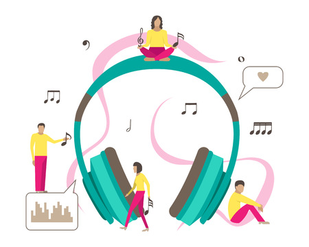 Vector illustration for musical industry with small men and earphone.のイラスト素材