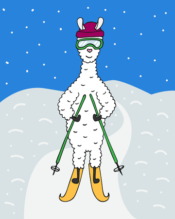 Colorful hand-drawn lama in a hat and sunglasses skiing.のイラスト素材