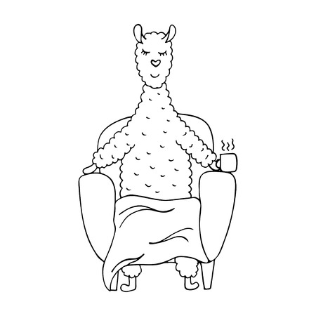 Monochrome line hand-drawn lama in the armchair with a cup of cacao. Cozy winter.のイラスト素材