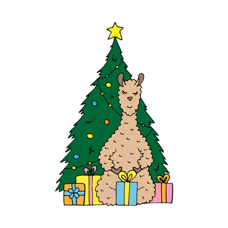 Cute hand-drawn lama with gifts under the christmas tree.のイラスト素材