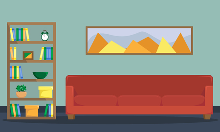Flat illustration of reading room
 with a sofa, bookcase and painting on the wall. Flat style vector.のイラスト素材