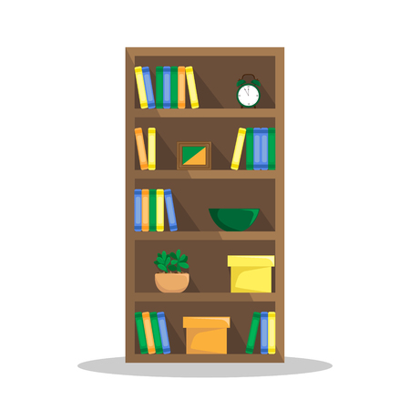 Flat illustration of a cozy bookcase with books, clock, plants and boxes. Flat style vector on the white background.のイラスト素材