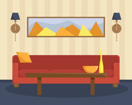 Flat illustration of living room with a red sofa and a coffee table. Flat style vector.のイラスト素材