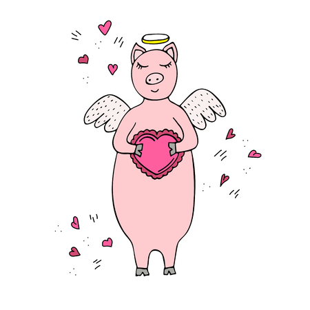 Funny hand-drawn vector pig Cupid with wings and heart in his hands. Doodles.のイラスト素材