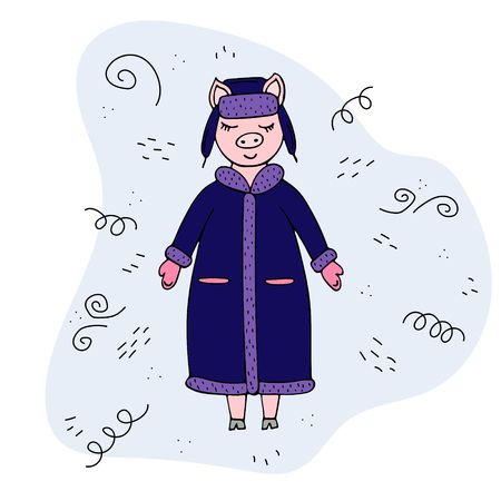 Hand-drawn vector pig in a winter coat and hat. Doodles.のイラスト素材
