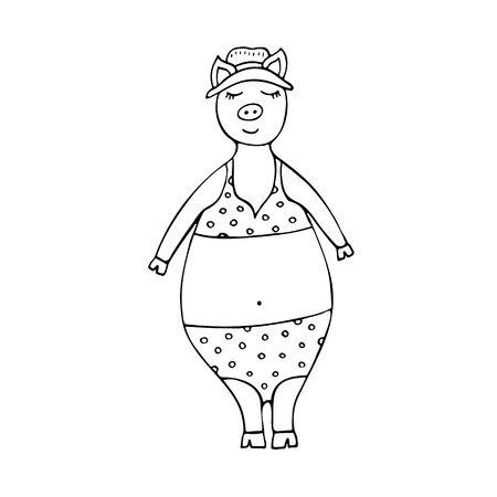 Vector monochrome hand-drawn pig on the beach in a swimsuit.のイラスト素材