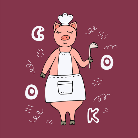 Vector hand-drawn funny pig chef wearing an apron and a ladle. Doodles.のイラスト素材
