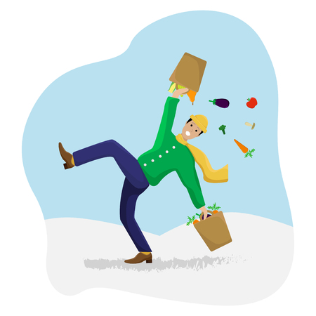Vector flat illustration with a slipped man with shopping on ice. Winter season.のイラスト素材