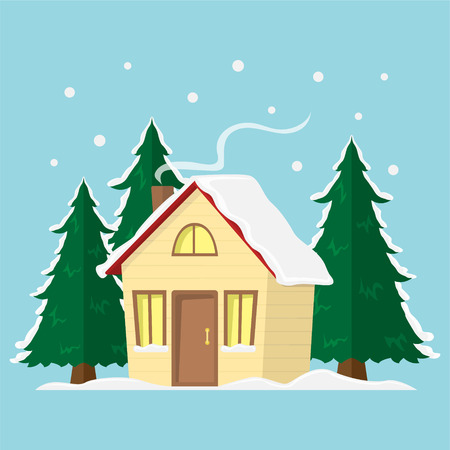 Winter mountain landscape background. Flat Vector Illustration with country house. Christmas season.のイラスト素材