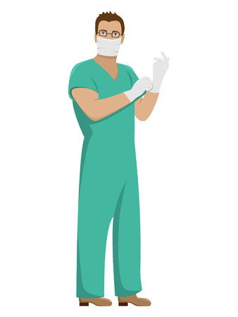 Man doctor in working uniform in sterile gloves and mask. Medical vector illustration.のイラスト素材