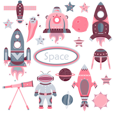 The vector cartoon set with flat spaceships, planets, satellites and cosmonaut. Funny characters.のイラスト素材