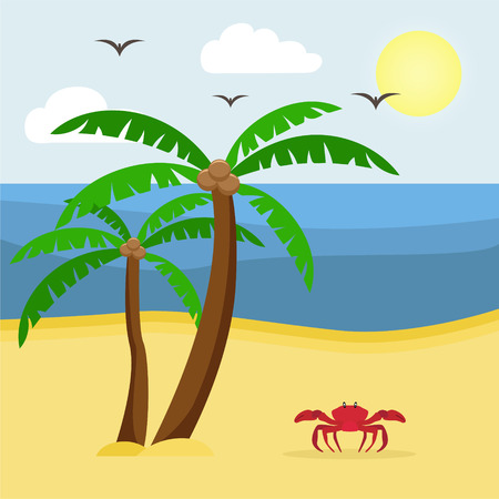 Seascape with palm trees and crab. Vacation at sea. Vector illustration.のイラスト素材
