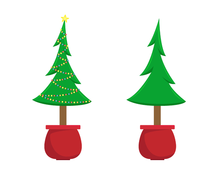 Two vector Christmas trees. Christmas tree before decorating and after with Christmas decorations. Flat isolated illustration.のイラスト素材