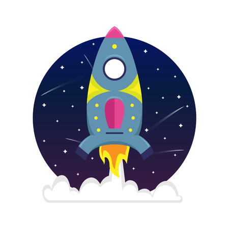 Flat bright cartoon spaceship in a starry sky.のイラスト素材