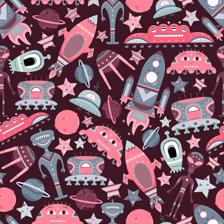 The vector cartoon seamless pattern with flat aliens, spaceships, planets, satellites and cosmonaut. Funny characters.のイラスト素材