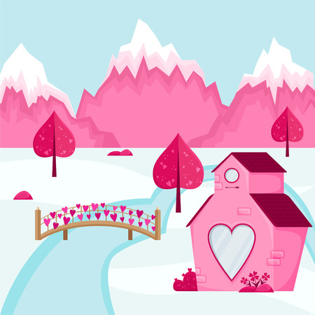 Valentine's day background. Mountain landscape of the village of Love. Pink house with a heart window.のイラスト素材