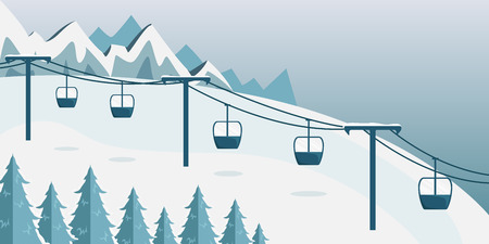 A ski resort with a funicular with cabins. Flat style. Mountain landscape.のイラスト素材