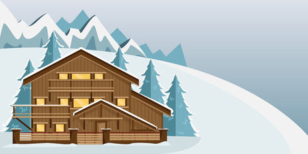 Cozy wooden Chalet in the mountains. Mountain landscape. Flat style. Ski resort.のイラスト素材