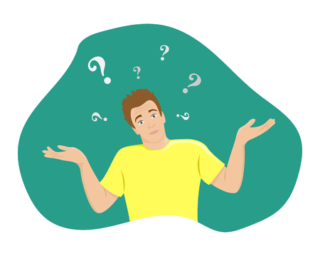 The surprised young man shrugs. Flat isolated illustration.のイラスト素材