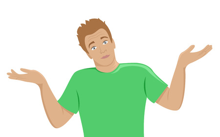 The surprised young man shrugs. Flat isolated illustration.のイラスト素材