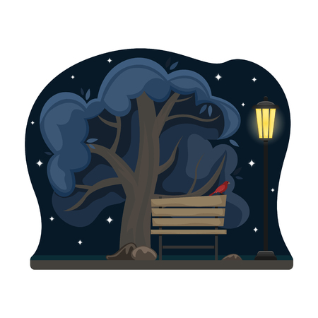 Spring landscape. Alley in the Park with a bench at the night. Starry sky. Flat cartoon style.のイラスト素材