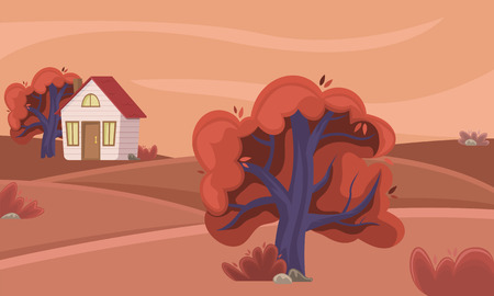 Spring countryside landscape at sunset. Sunny day. Summer fields. Cloudy sky. Flat cartoon style.のイラスト素材