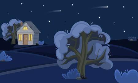 Spring countryside landscape at night. Summer fields. Starry sky. Flat cartoon style.のイラスト素材