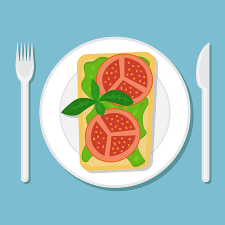 Toast with avocado puree and tomato slices on a plate. Flat vector illustration. Top view.のイラスト素材