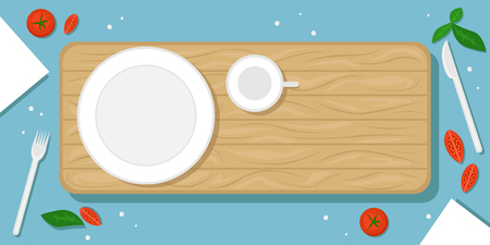 Beautiful food background with wooden cutting Board, plate and mug, cherry tomatoes, salt crystals and Cutlery. Flat vector illustration. The top view.のイラスト素材