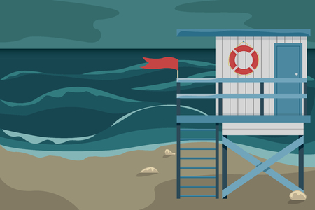 Beach landscape with a lifeguard house during a storm. Flat vector illustration.のイラスト素材