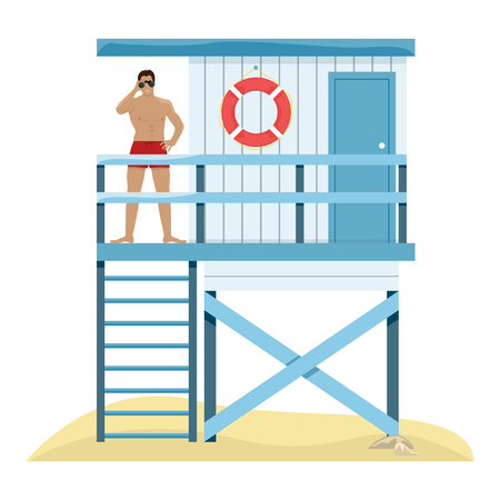Beach landscape with a lake lifeguard and a lifesaver man. Flat vector illustration.のイラスト素材