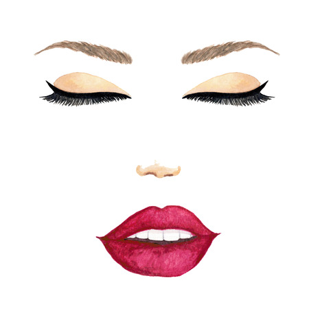 Watercolor stylized female face with red lips. Isolated image.の写真素材