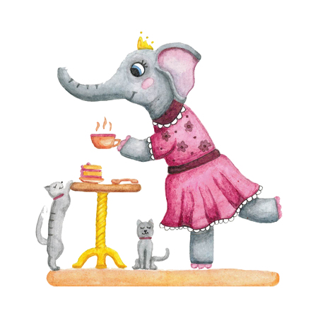 Cute watercolor girl elephant in a pink dress. Tea party.の写真素材