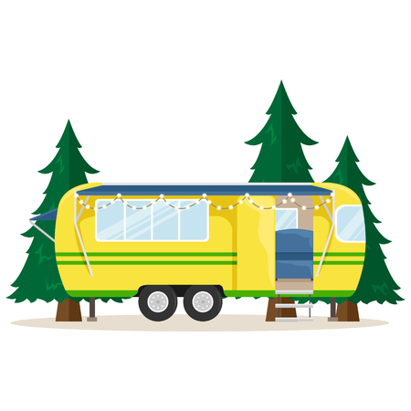 Retro house on wheels for traveling. Car travel. Vector flat illustration. Motorhome with lights.のイラスト素材