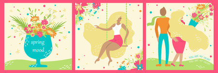 Set of hand-drawn spring postcards. Springtime. Blonde girl.のイラスト素材