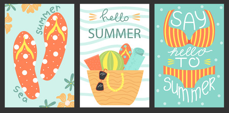 Set of 3 posters of summertime. Vector design concept for summer. Sea vacation.のイラスト素材