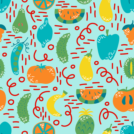 Vegan seamless pattern. Flat fruits and vegetables in cartoon style with doodles. Vegetarian. Vector illustration.のイラスト素材