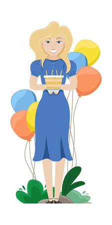 Happy woman with birthday cake in her hands. Birthday. Balloon. Vector illustration.のイラスト素材