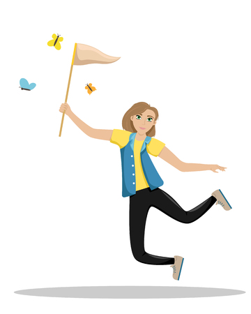 Happy woman jumping with a net in his hands. Girl catches butterflies. Summer fun. Isolated vector illustration.のイラスト素材