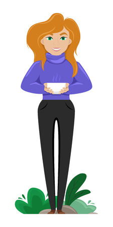 Cute woman with a cup of coffee in her hands. Isolated vector illustration.のイラスト素材