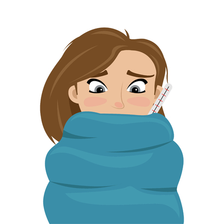 The cold girl wrapped herself in a blanket with a thermometer. Cold season. Flat vector illustration.のイラスト素材