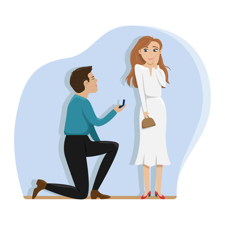 A man makes an offer to marry a girl on one knee. Love, wedding, engagement. Flat vector illustration.のイラスト素材