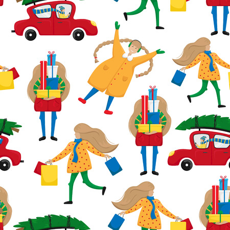 Christmas mood. Seamless pattern with people in fuss for a Christian holiday. Perfect for postcards, wrapping paper, fabricsのイラスト素材