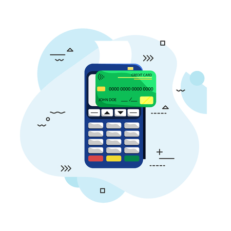 Flat illustration of the payment terminal and credit card. POS terminal. Wireless, contactless. Flat vector illustrationのイラスト素材