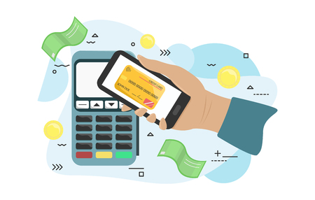 Flat illustration of the payment terminal. Vector pos terminal confirms the payment by smartphone. Hand with smartphone near POS terminal. Flat vector illustrationのイラスト素材