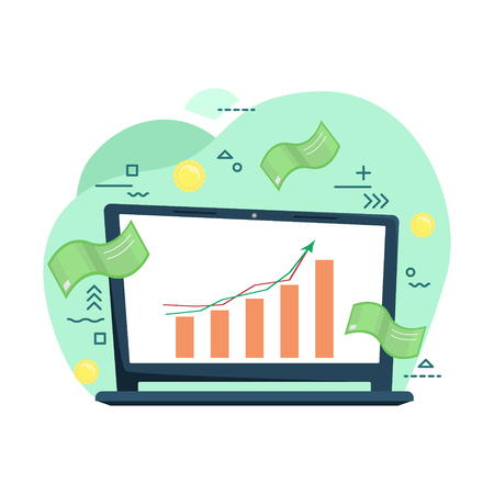 Laptop with the schedule of exchange trade. Remote work. Trading on the stock exchange. Investment money, stocks, currency, vouchers. Flat cartoon style vector illustrationのイラスト素材