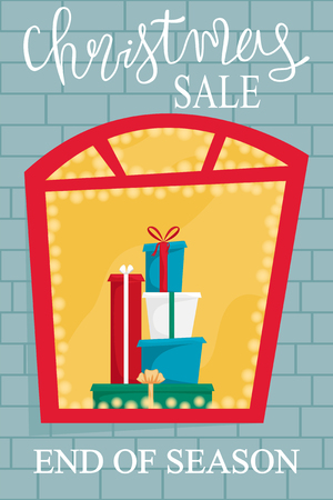 The window with lights and a pile of gifts. Vector poster for Christmas sale. End of season. Flat cartoon vector illustration.のイラスト素材